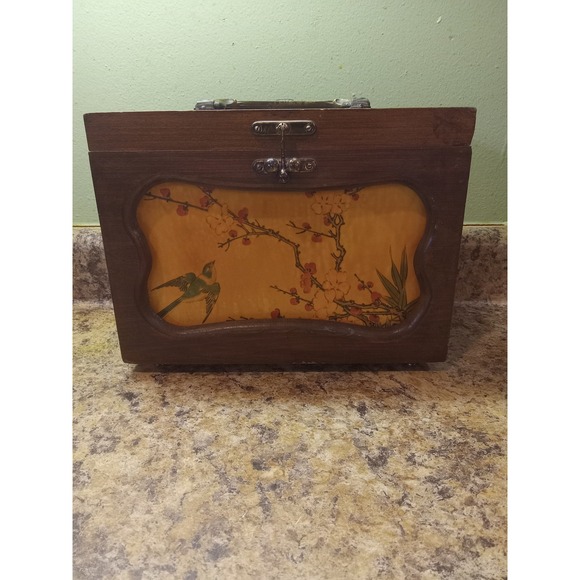 Other - Vintage Wooden Chinoiserie Bird Floral Keepsake Jewelry Box Lined Latch Handle